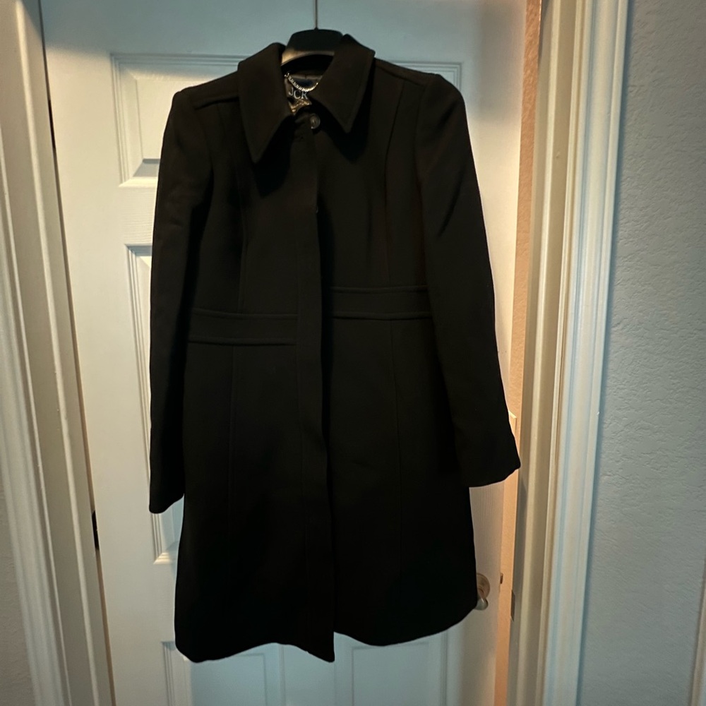 JCrew Black lady day topcoat in Italian double-cloth wool blend.